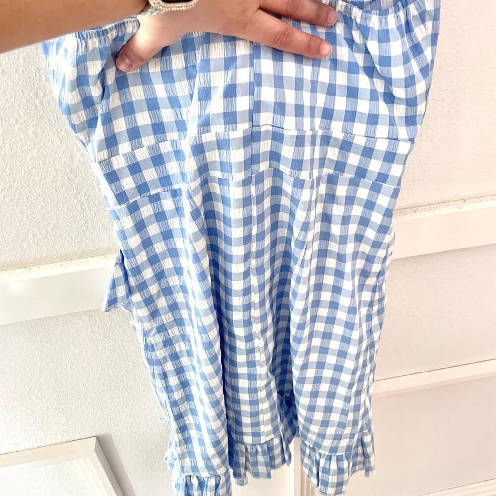Sndys Adora V-Neck Sleeveless Ruffle Lined Zipper Dress Size S Blue Gingham
